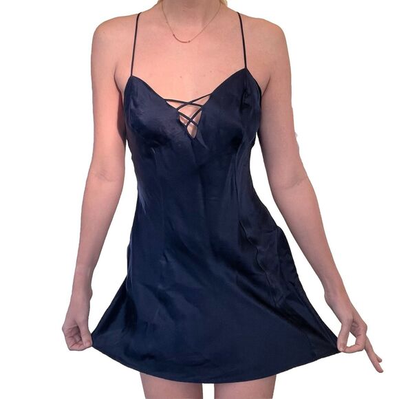 Vintage Victorias Secret 100% Silk Satin Navy Slip Dress V Neck Gold Label Sz M - Picture 1 of 10